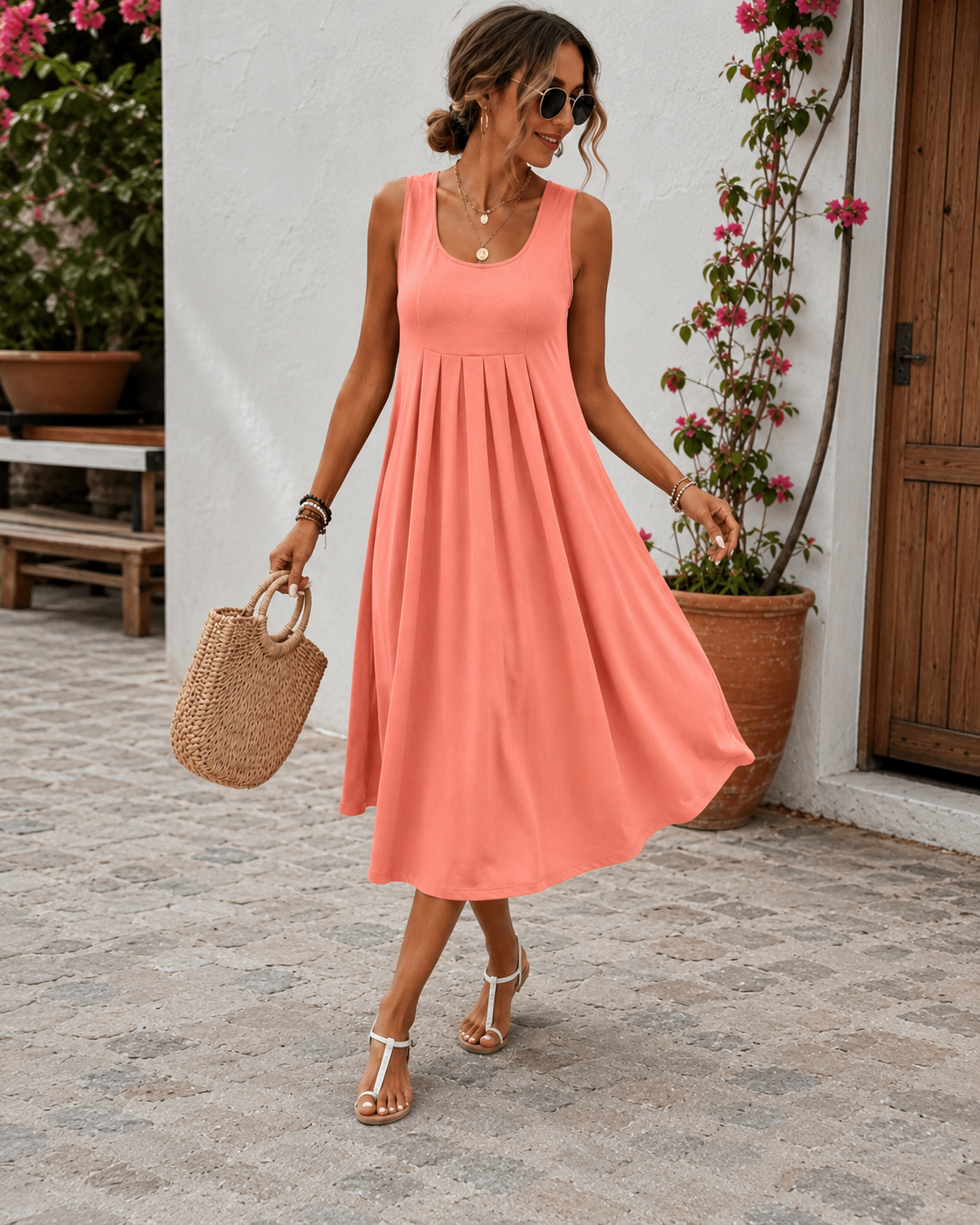 Robe Plissée Sans Manches avec Poches