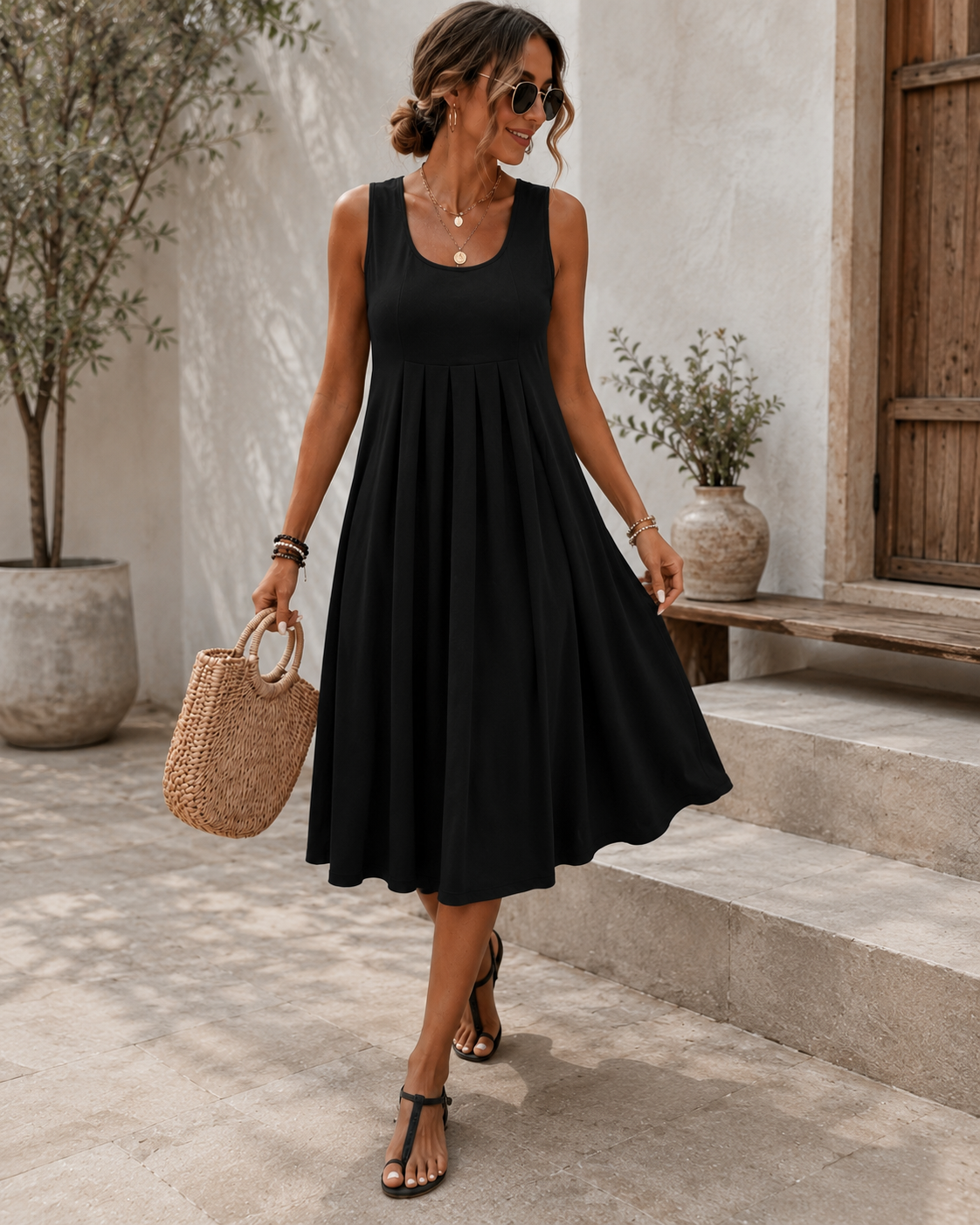 Robe Plissée Sans Manches avec Poches